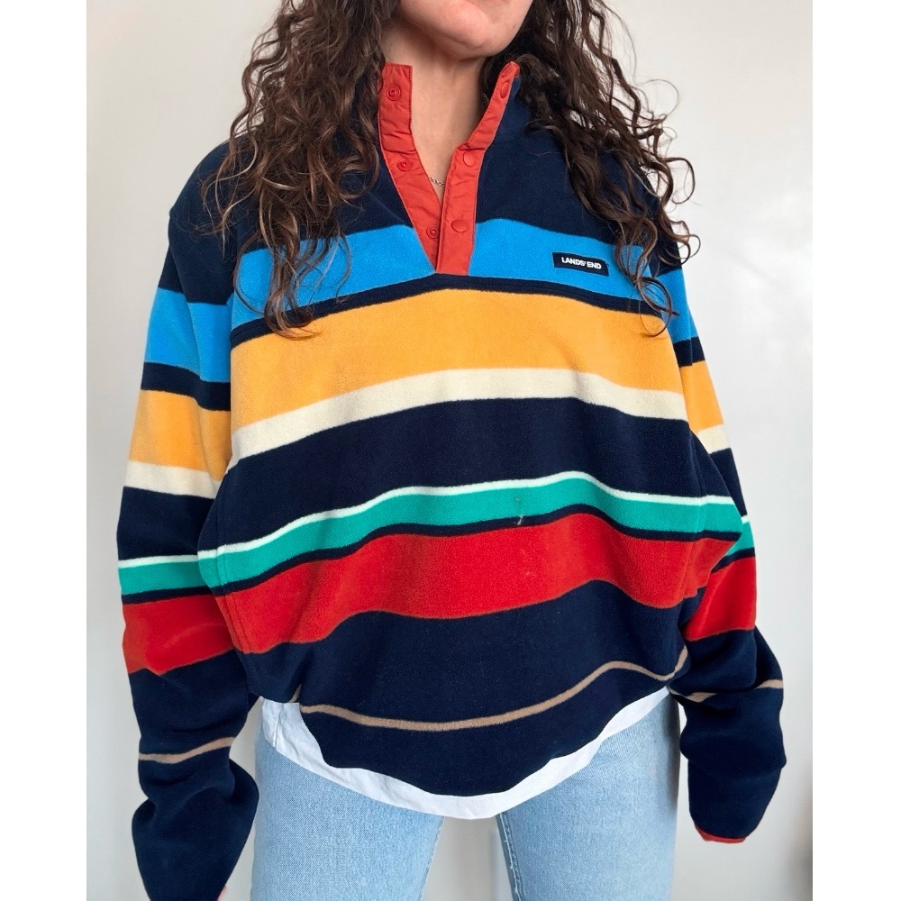 Land’s End Striped Colorblock Quarter Button Pullover Fleece Top